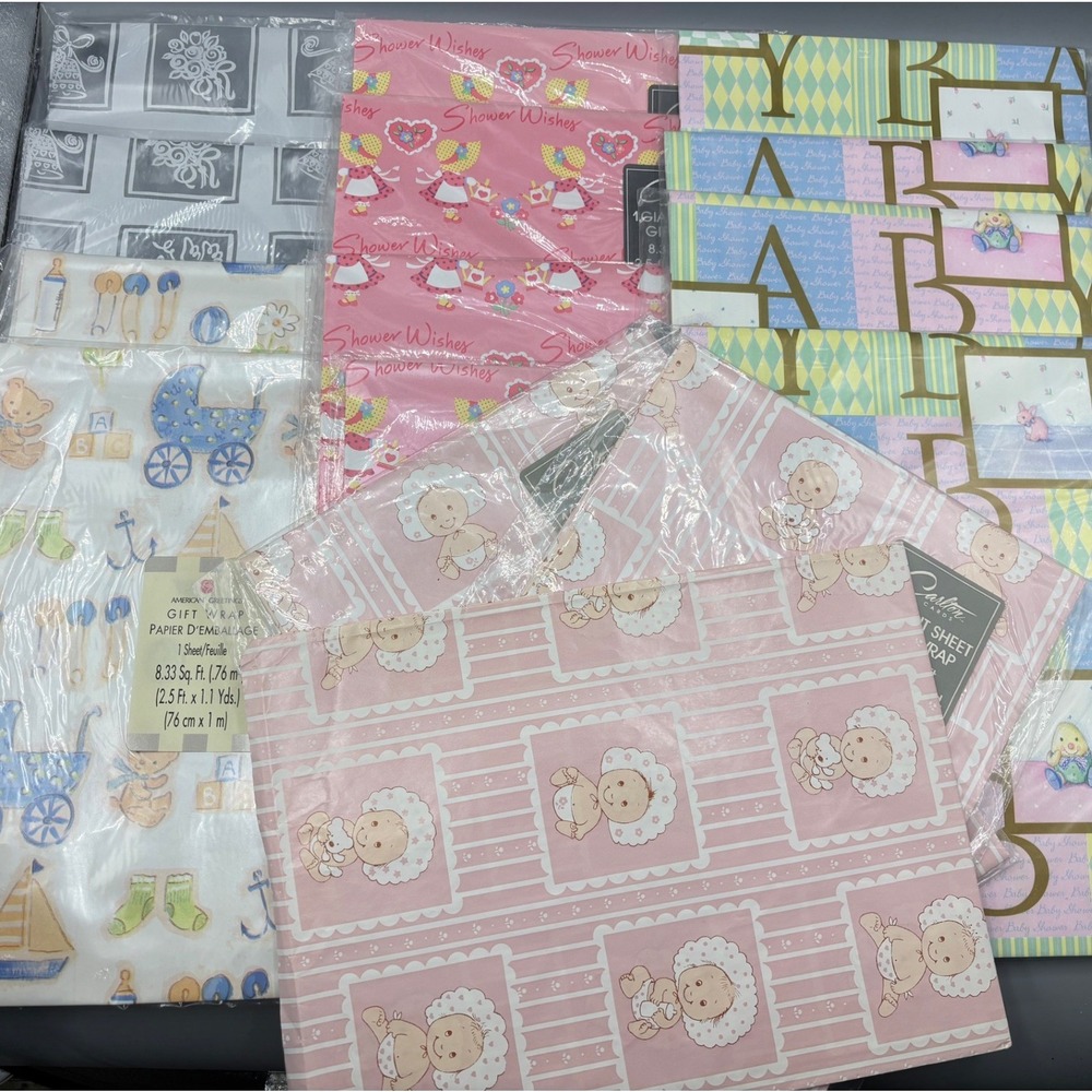 Vintage Baby Shower Gift Wrap Lot American Greetings Carlton Cards 14 Sheets